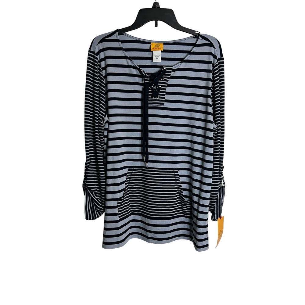 Ruby Rd Women's Top Blue Striped Lace-Up Roll-Tab Sleeve Kangaroo Pocket - Large